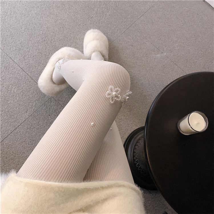 フェイク真珠装飾 花柄刺繍 透明タイツ 女性用