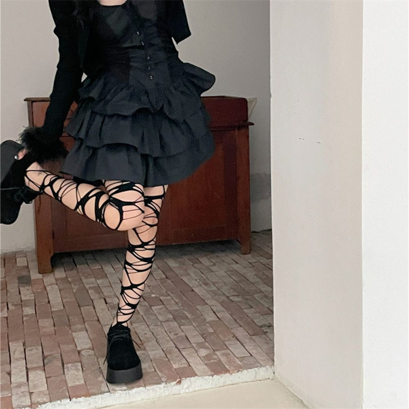 韓国風 網タイツ 編み上げデザイン ストッキング