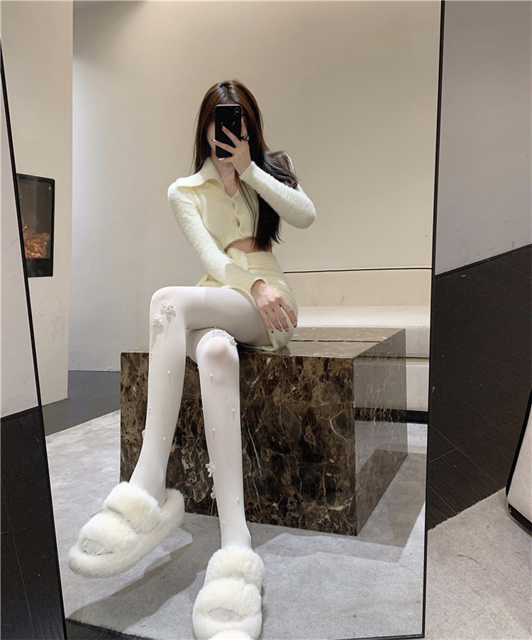 フェイク真珠装飾 花柄刺繍 透明タイツ 女性用