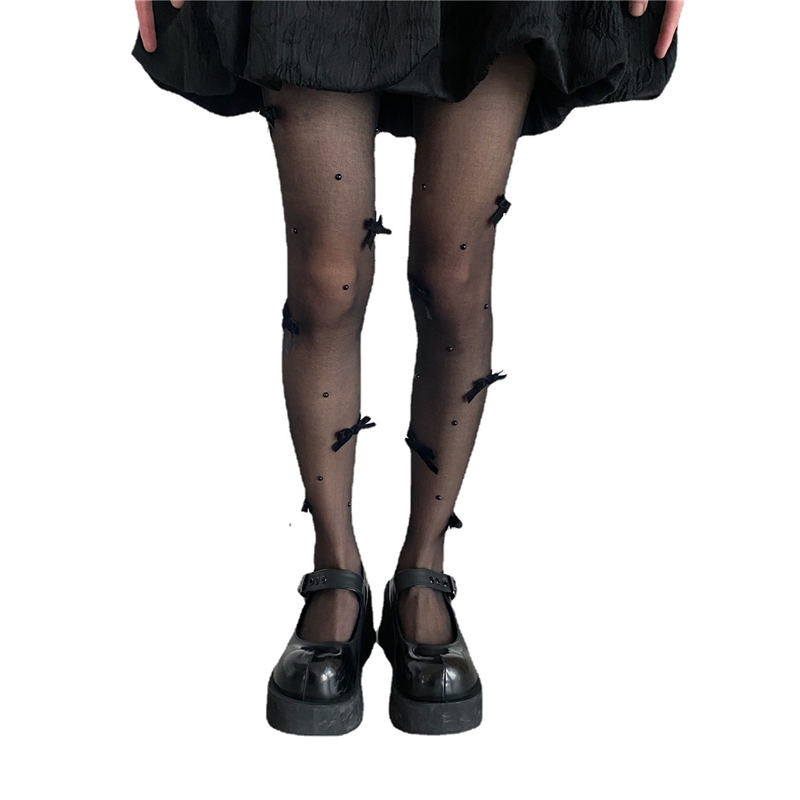 韓国風 透け感 網タイツ 黒リボン装飾 おしゃれストッキング