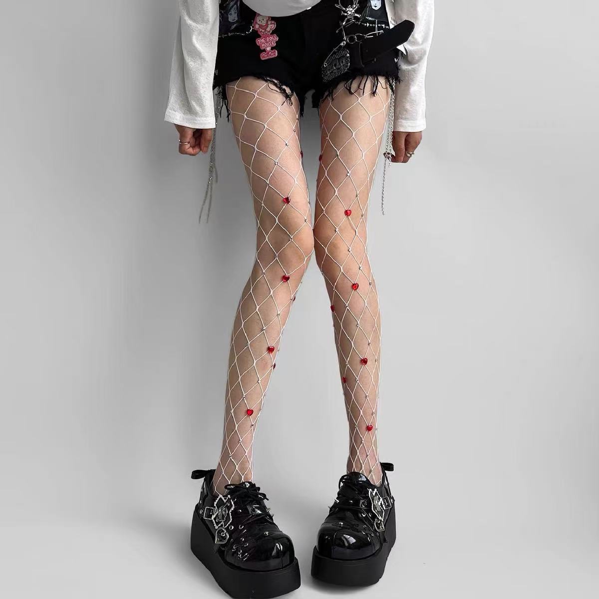 タイツ ハート飾り付き大柄ダイヤ網タイツ