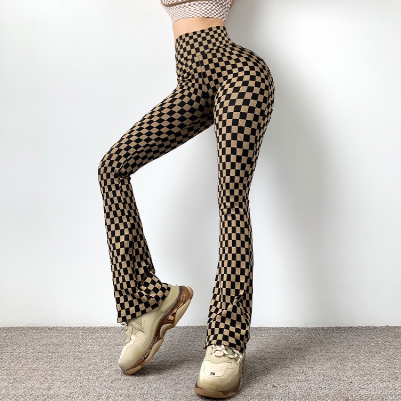 市松模様フェイクタイツ風フィットネスパンツ女性用