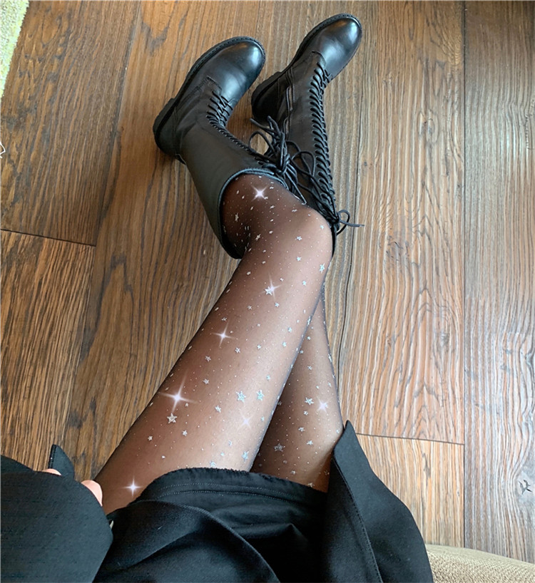 星柄薄手網タイツ 黒色ストッキング 上品大人気
