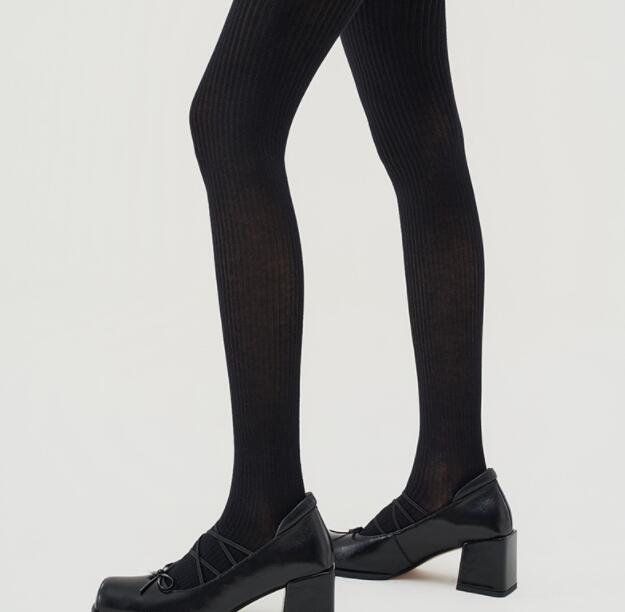 着圧リブ編みタイツ 黒 厚手ストッキング