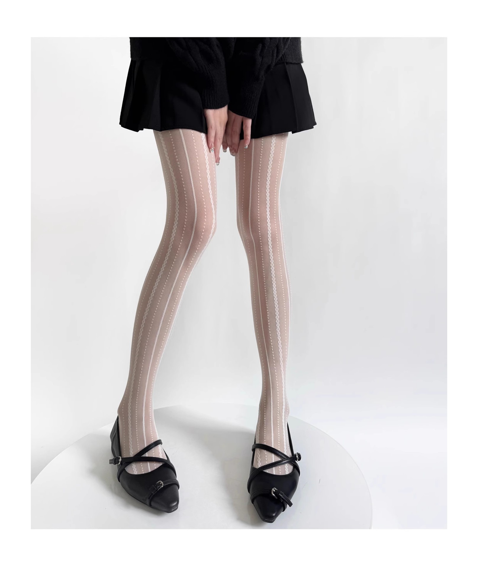 タイツ 縦ライン波型ドット網タイツ