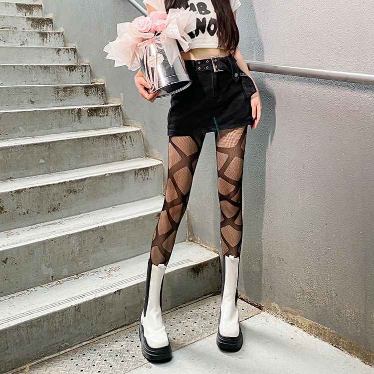 タイツ 幾何学クロス編み柄網タイツ