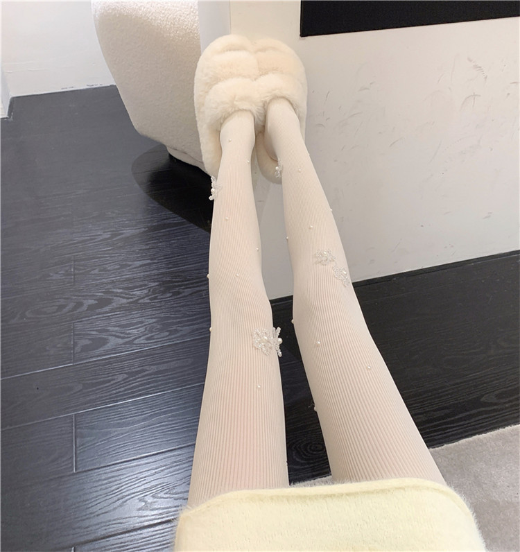 フェイク真珠装飾 花柄刺繍 透明タイツ 女性用