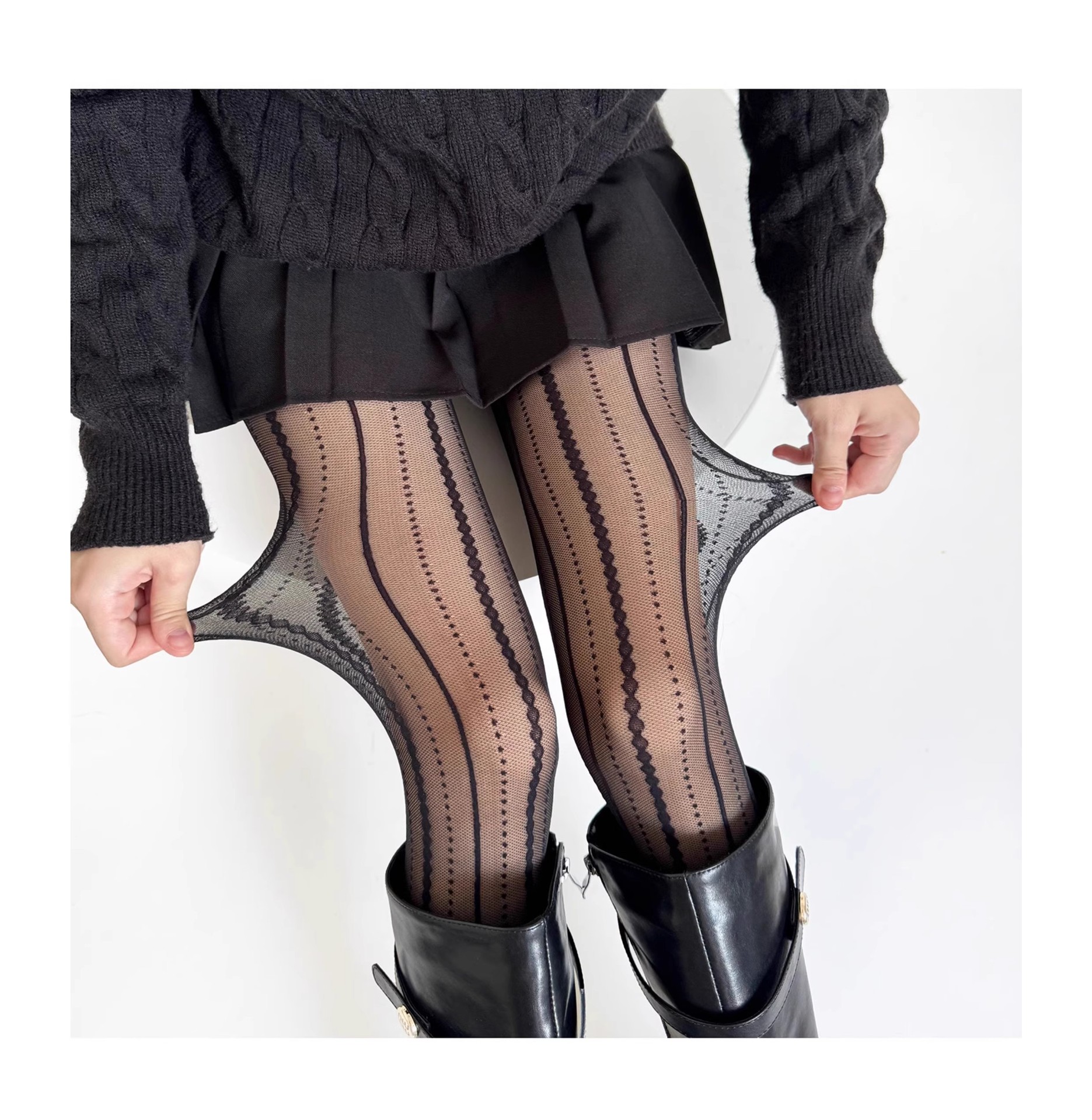 タイツ 縦ライン波型ドット網タイツ