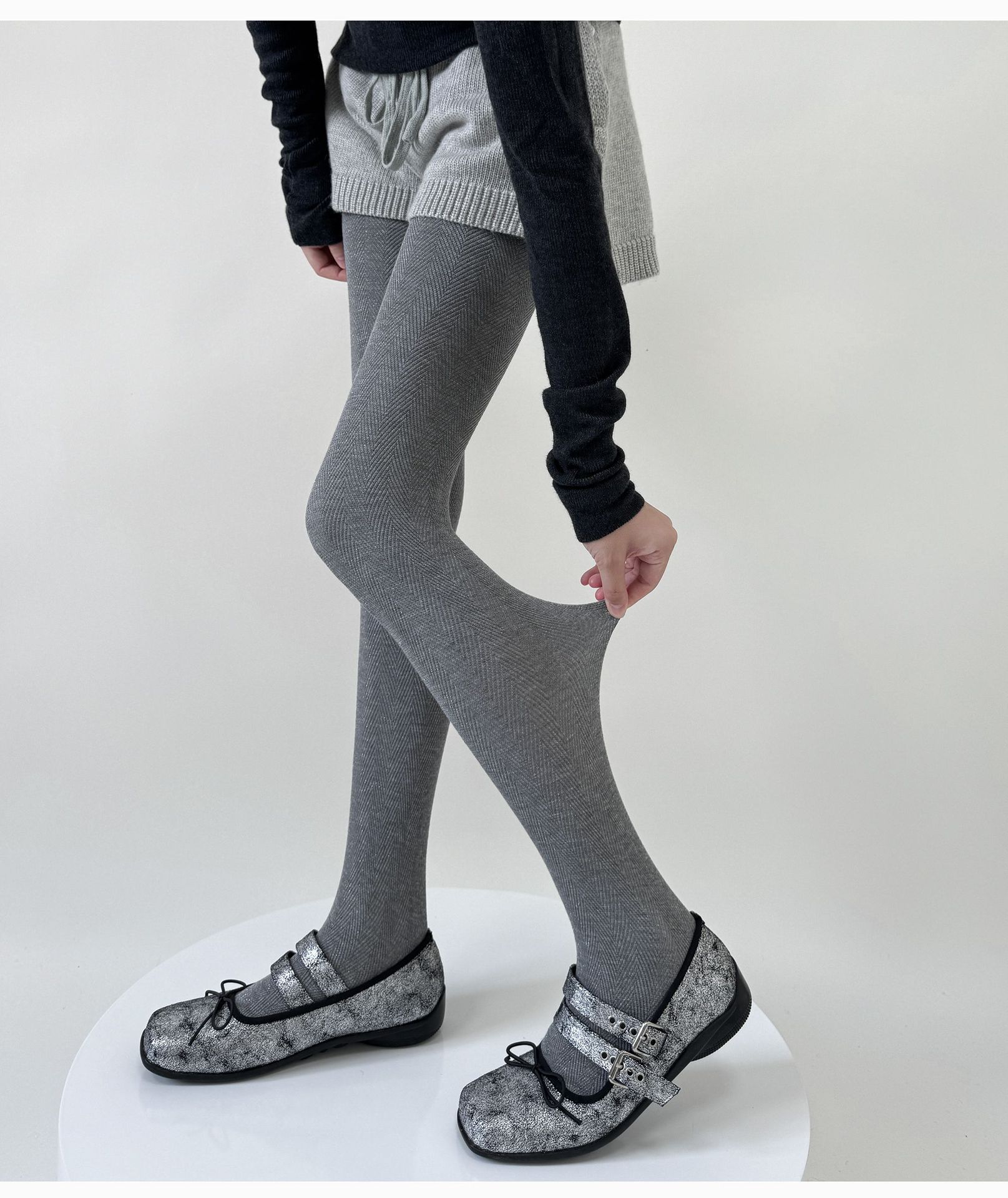 タイツ ヘリンボーン柄裏起毛あったかタイツ