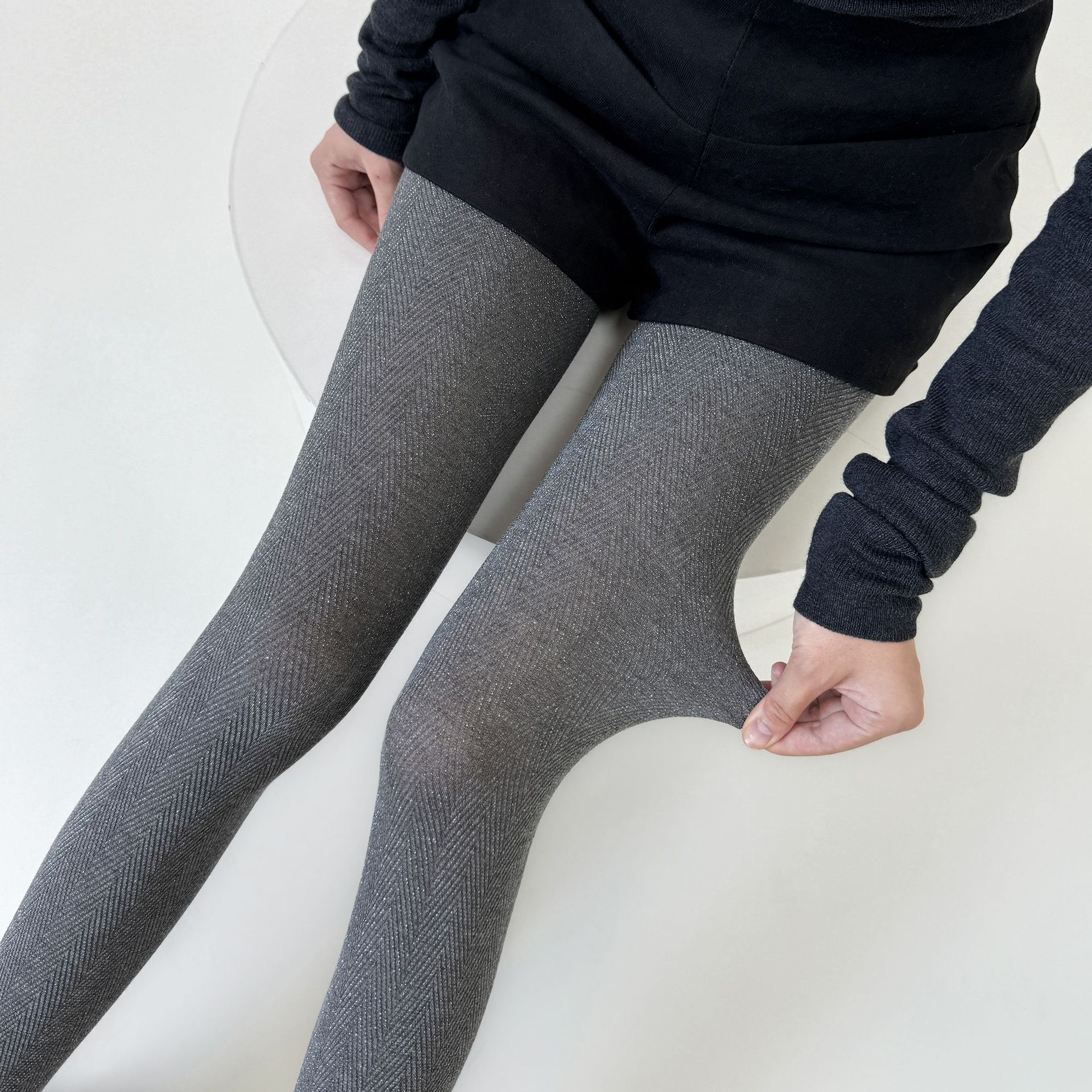 タイツ ヘリンボーン柄裏起毛あったかタイツ