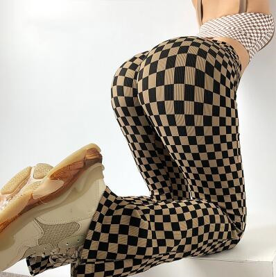 市松模様フェイクタイツ風フィットネスパンツ女性用