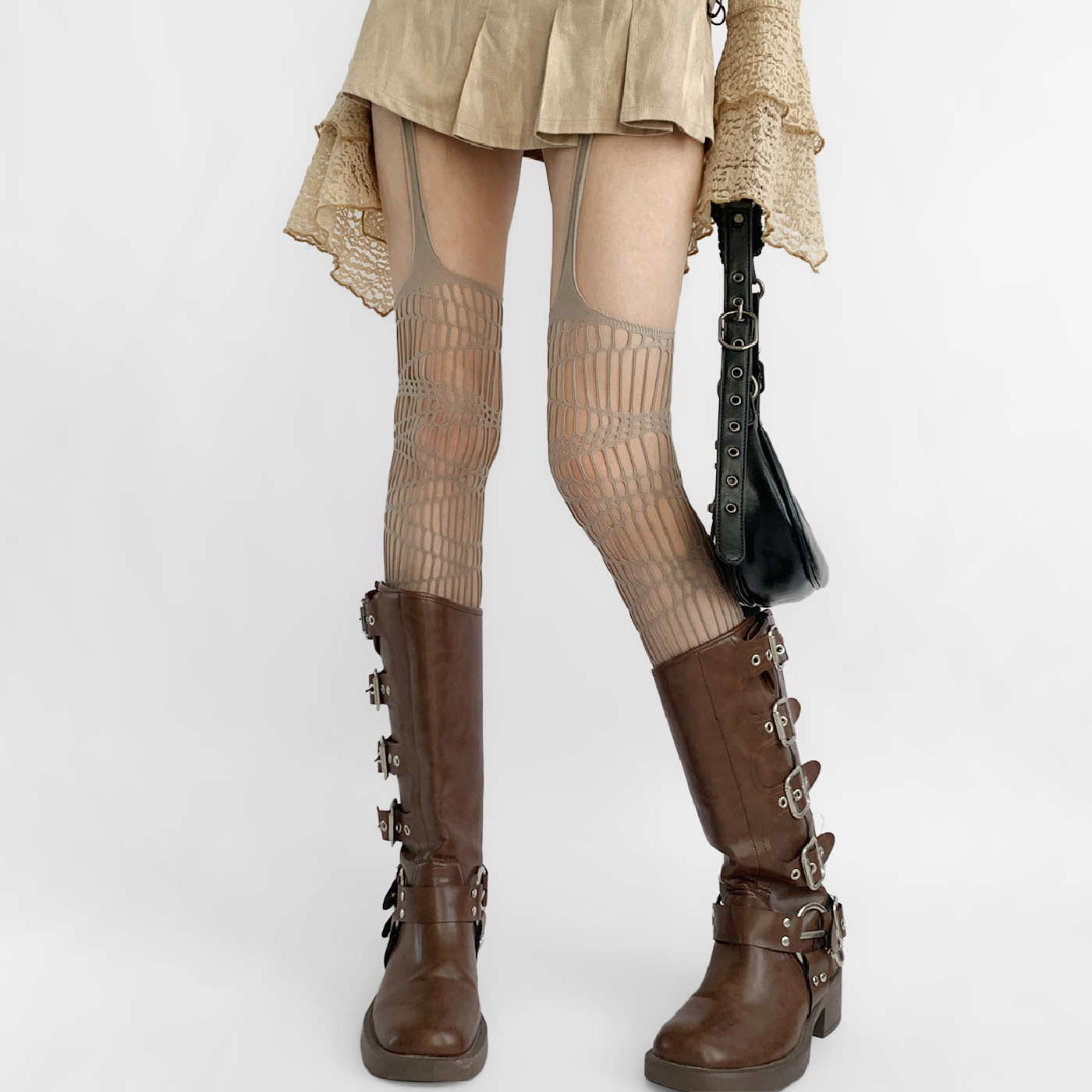 タイツ 幾何学模様の立体編み透かしデザイン網タイツ