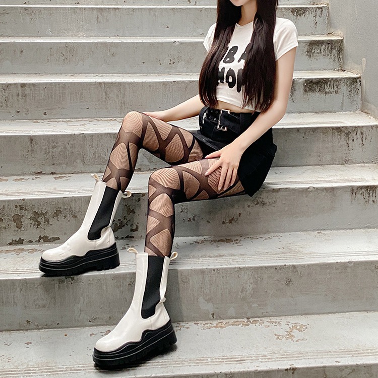 タイツ 幾何学クロス編み柄網タイツ