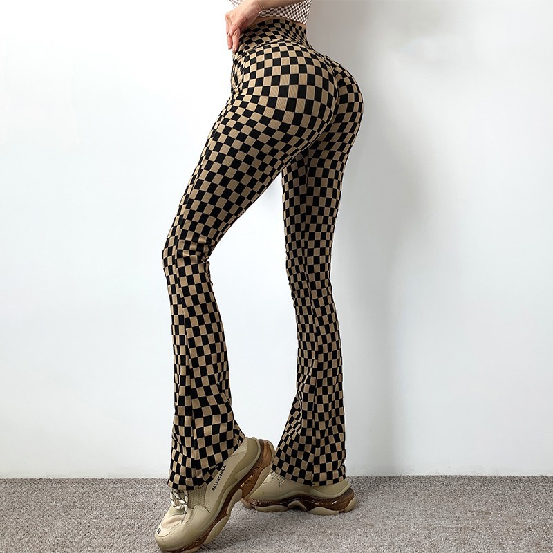 市松模様フェイクタイツ風フィットネスパンツ女性用