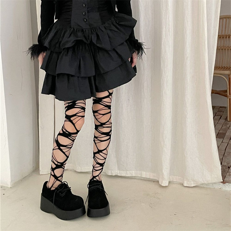 韓国風 網タイツ 編み上げデザイン ストッキング