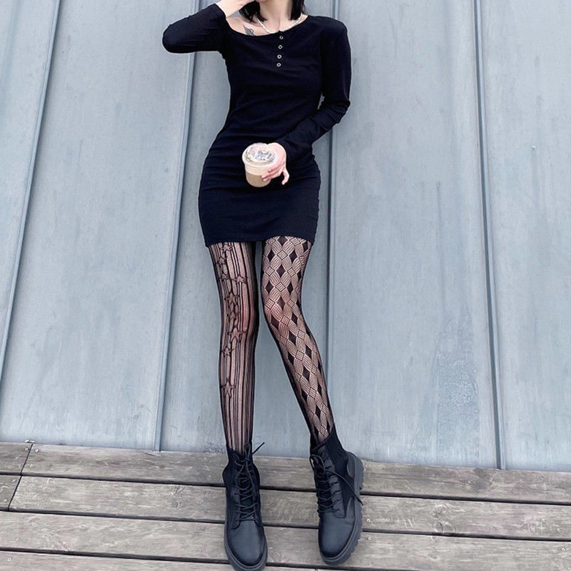 タイツ 左右アシンメトリー柄編み網タイツ