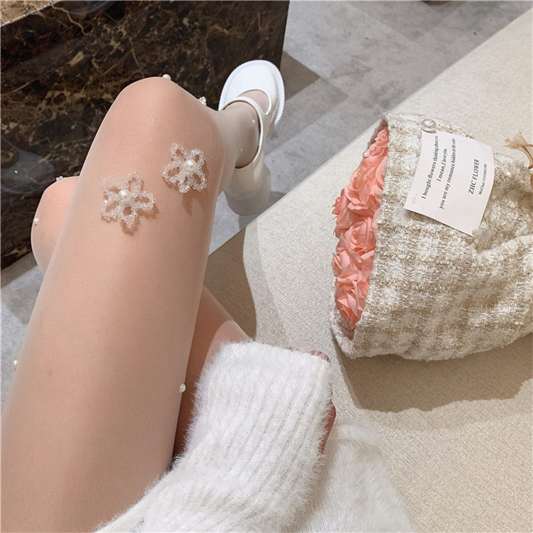フェイク真珠装飾 花柄刺繍 透明タイツ 女性用
