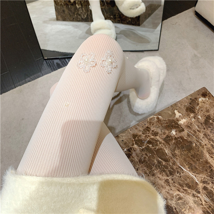 フェイク真珠装飾 花柄刺繍 透明タイツ 女性用