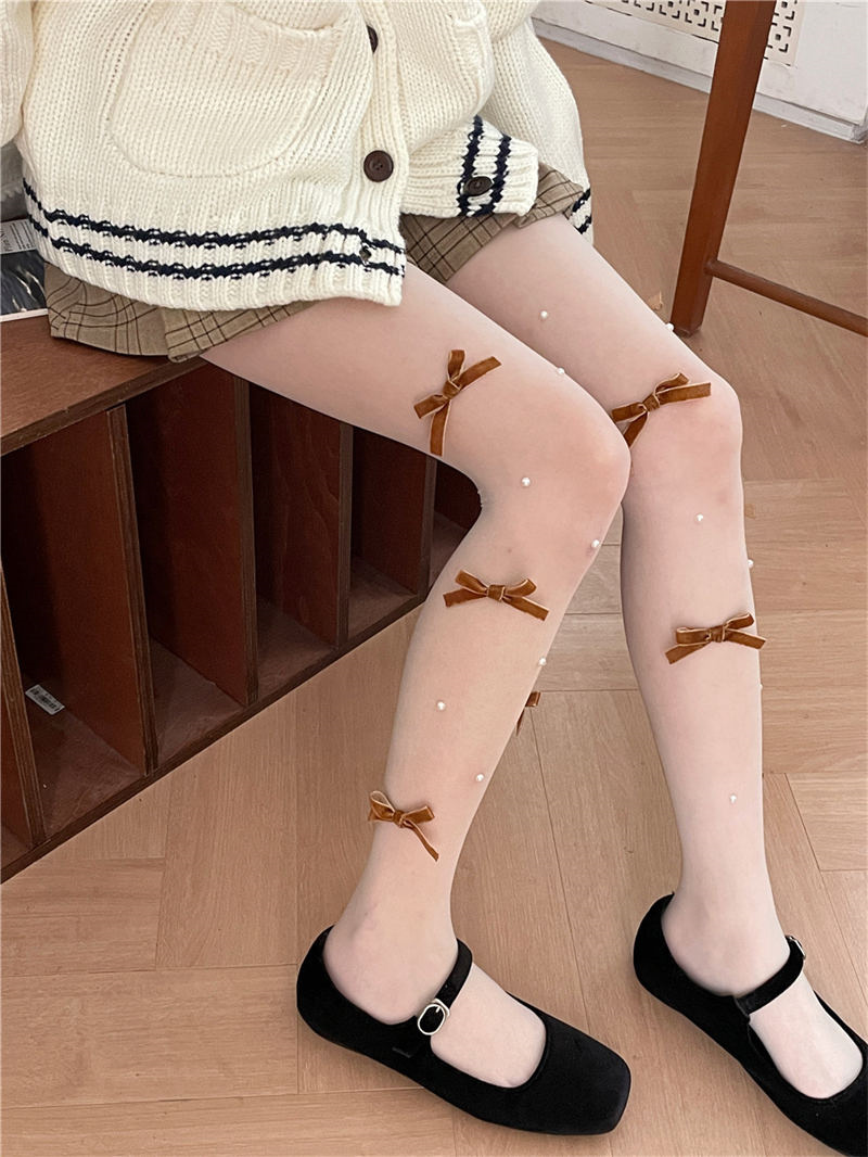 韓国風透け感網タイツ リボン付きストッキング