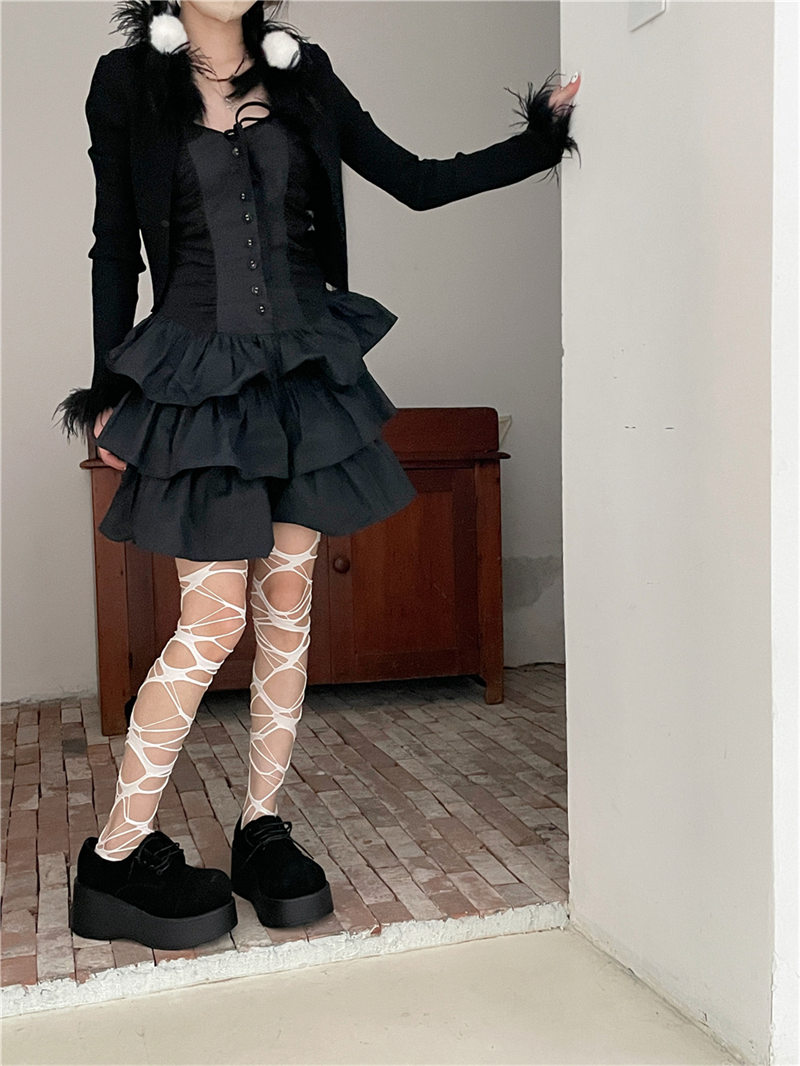 韓国風 網タイツ 編み上げデザイン ストッキング