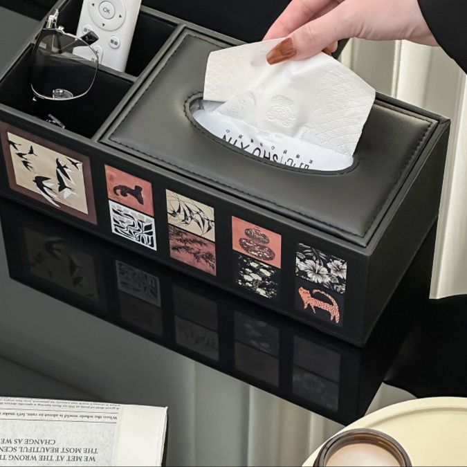 ティッシュケース 和風美術パネル付きティッシュボックス