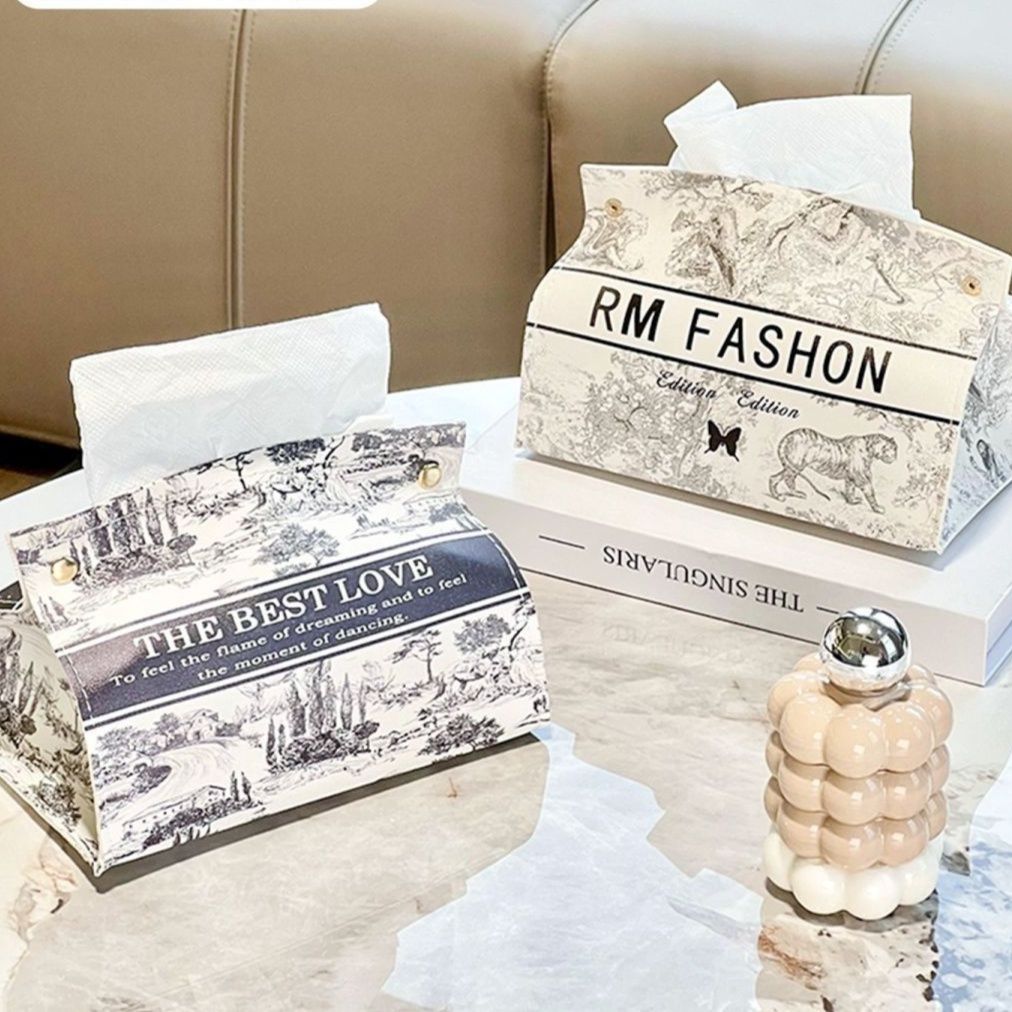 ティッシュケース 欧風景画柄レザー製ティッシュボックスカバー