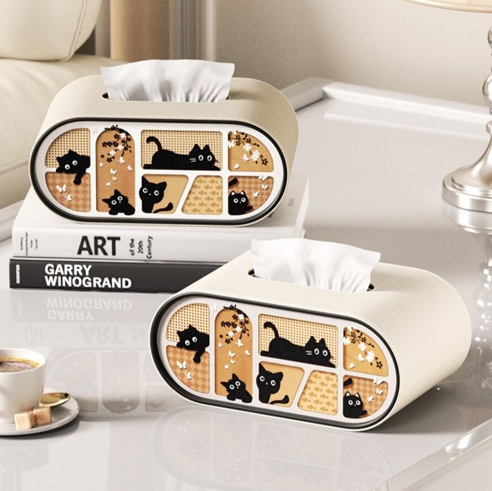 ティッシュケース 愛らしい黒猫モチーフ編み風 プラスチック