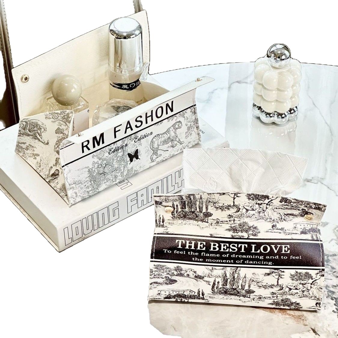 ティッシュケース 欧風景画柄レザー製ティッシュボックスカバー