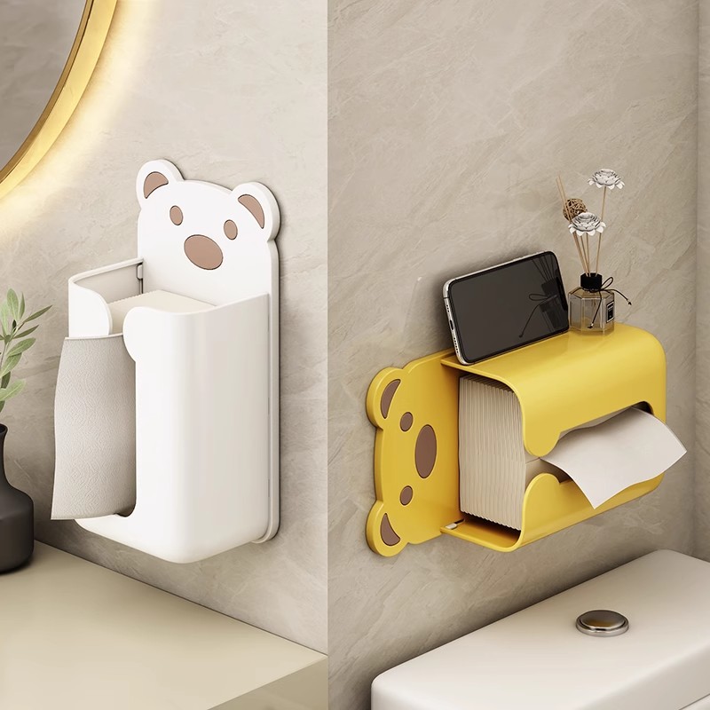 ティッシュケース くま顔デザイン壁掛けプラスチック製収納付きティッシュケース