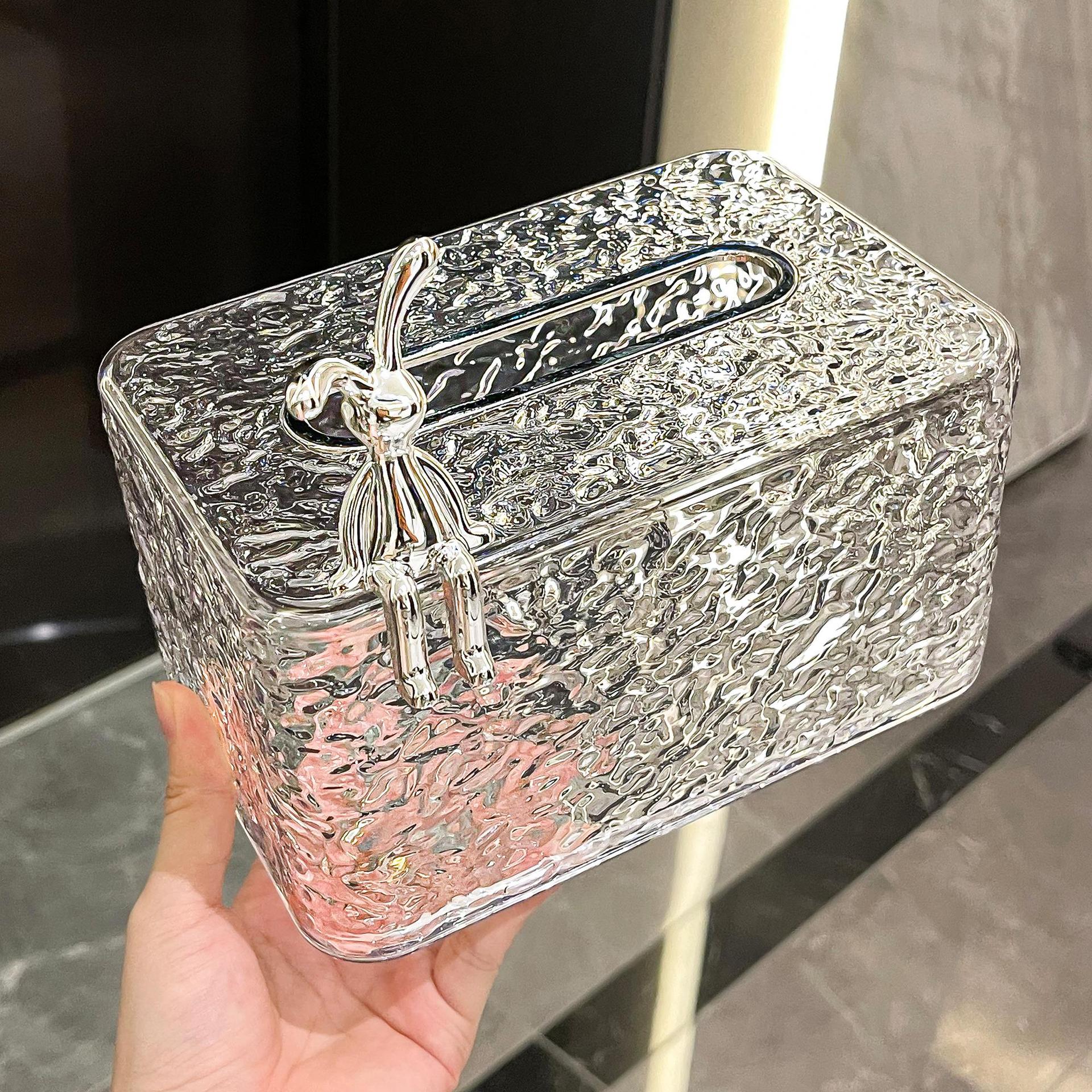 ティッシュケース 氷紋ガラス調うさぎ飾りティッシュケース