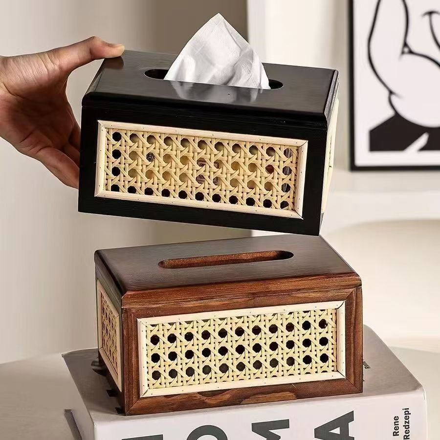 ティッシュケース木製フレーム籐編みティッシュケース