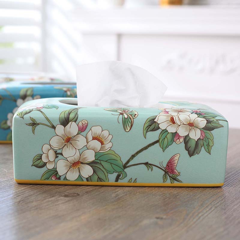 ティッシュケース 花鳥絵巻　陶器