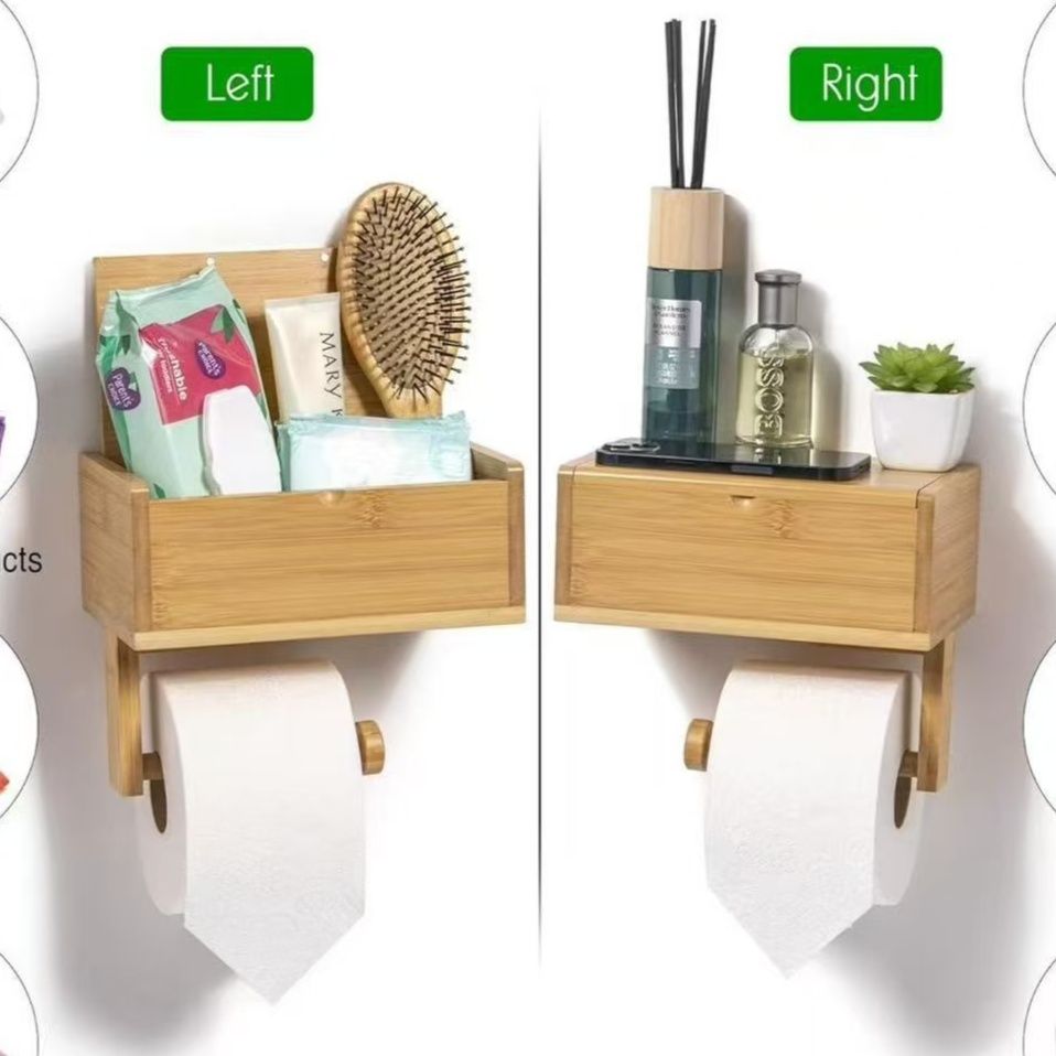 トイレットペーパーホルダー 天然木製壁掛け多機能　棚