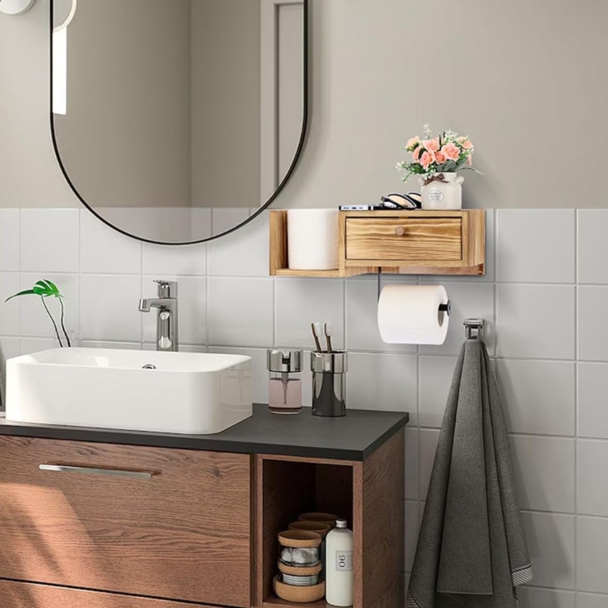 トイレットペーパーホルダー 引き出し付き木製壁掛け　棚