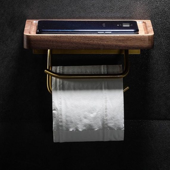 トイレットペーパーホルダー 木製棚付き壁掛けトイレットペーパーホルダー