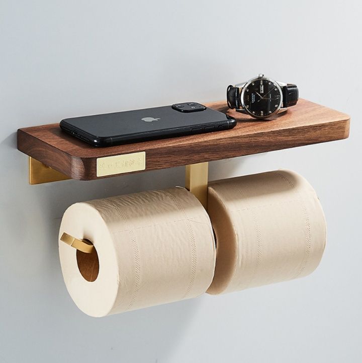 トイレットペーパーホルダー 木製棚付き壁掛けトイレットペーパーホルダー