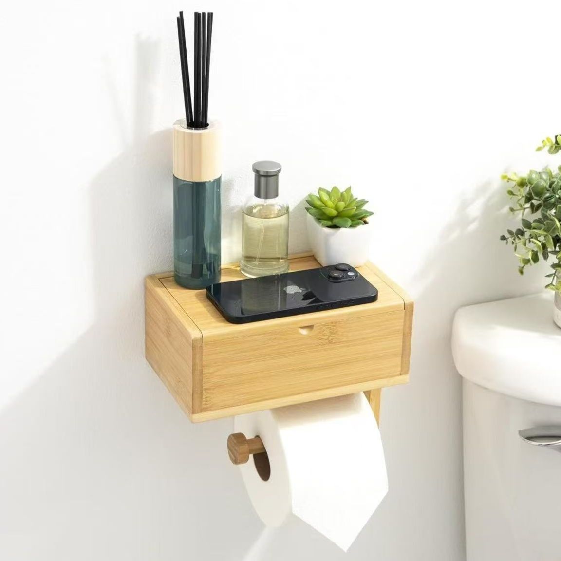 トイレットペーパーホルダー 天然木製壁掛け多機能　棚