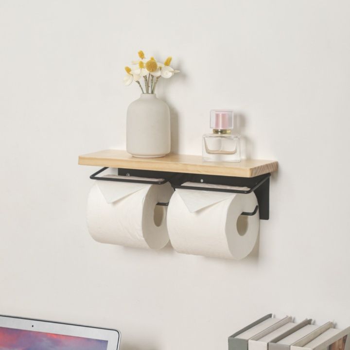トイレットペーパーホルダー 天然木と金属の壁掛け二連トイレットペーパーホルダー棚