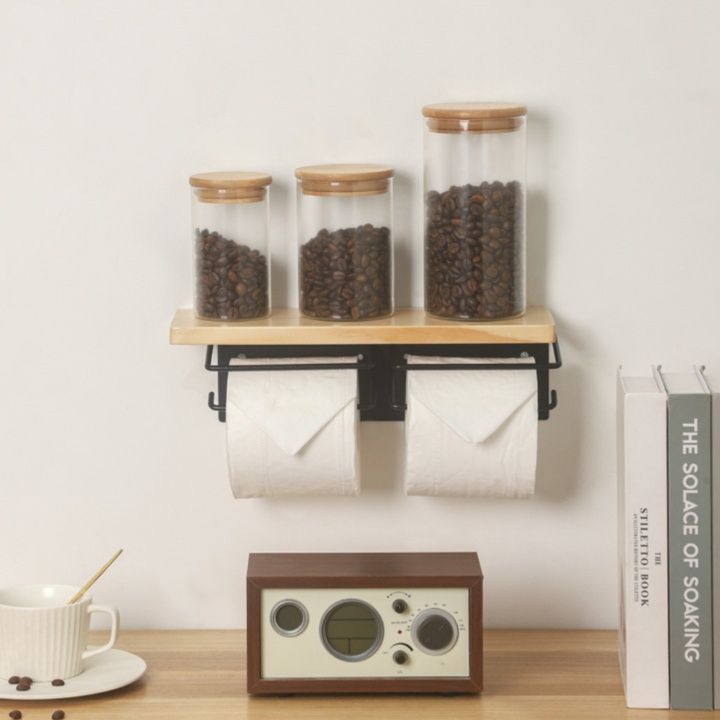 トイレットペーパーホルダー 天然木と金属の壁掛け二連トイレットペーパーホルダー棚