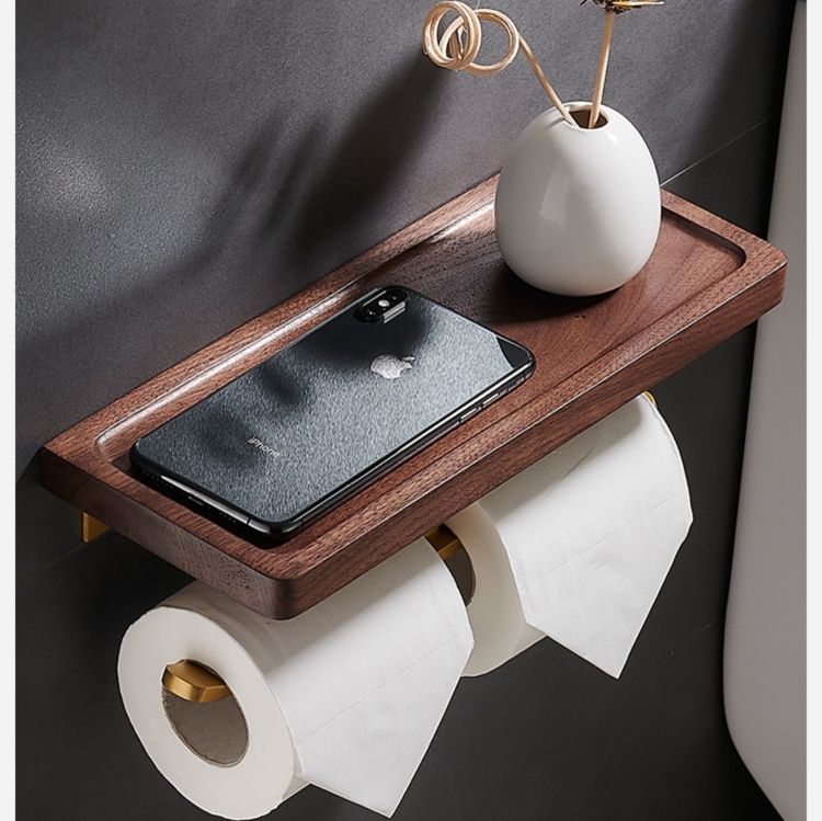 トイレットペーパーホルダー 天然木製棚付き壁掛け2連トイレットペーパーホルダー