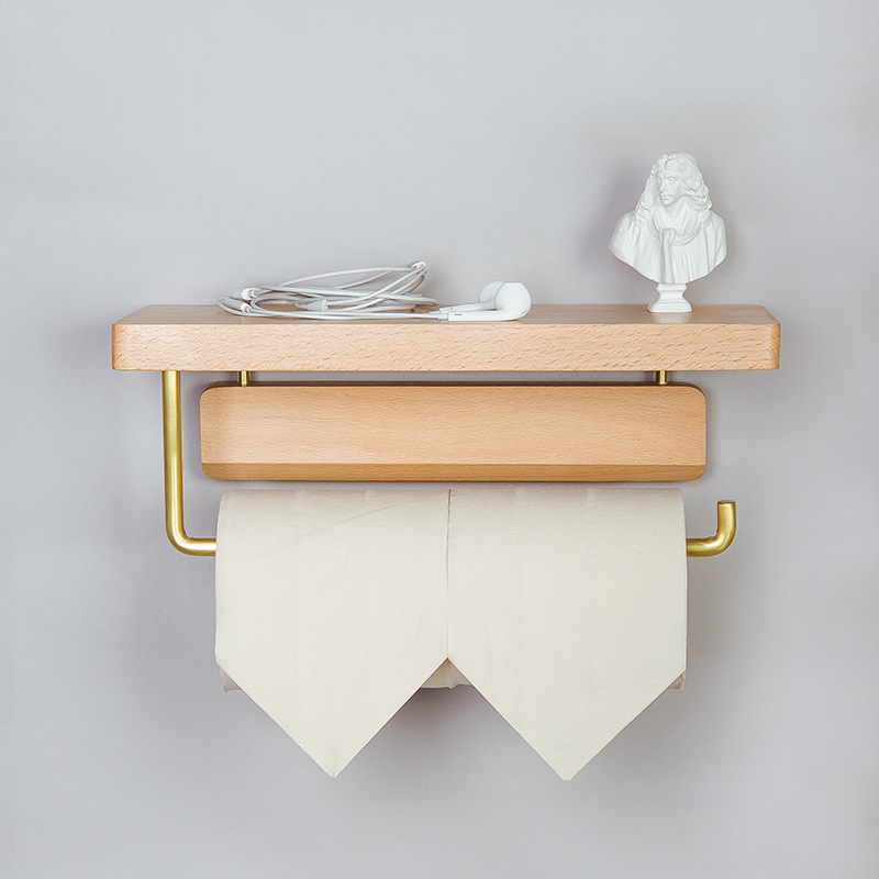 トイレットペーパーホルダー 天然木製二段棚付き　棚