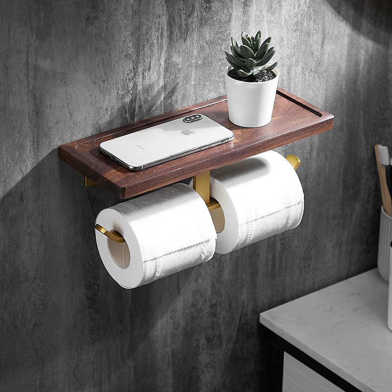 トイレットペーパーホルダー 天然木棚付き壁掛け式2連トイレットペーパーホルダー