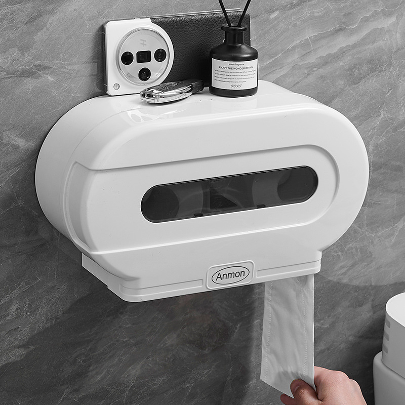トイレットペーパーホルダー 壁掛け式ふた付き2連トイレットペーパーホルダー収納棚一体型