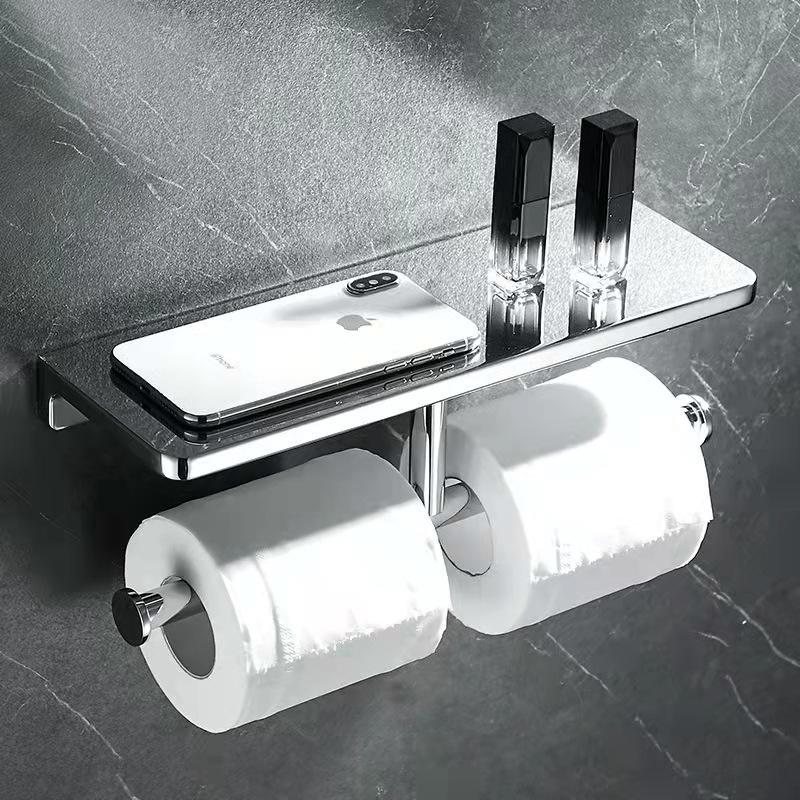 トイレットペーパーホルダー 棚付き二連式壁掛けトイレットペーパーホルダー