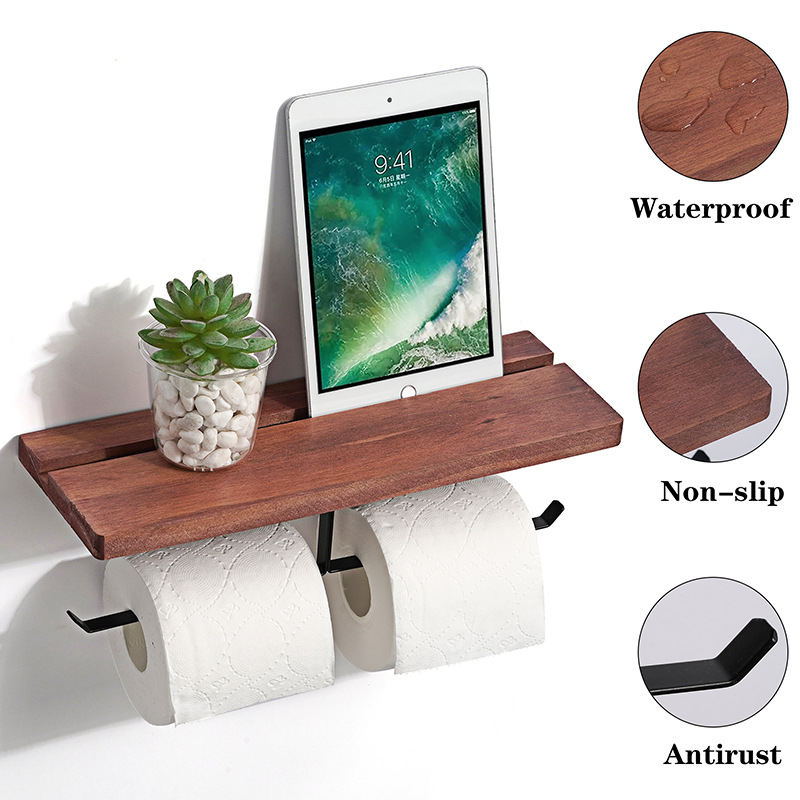 トイレットペーパーホルダー 木製棚板付き壁掛け2連トイレットペーパーホルダー