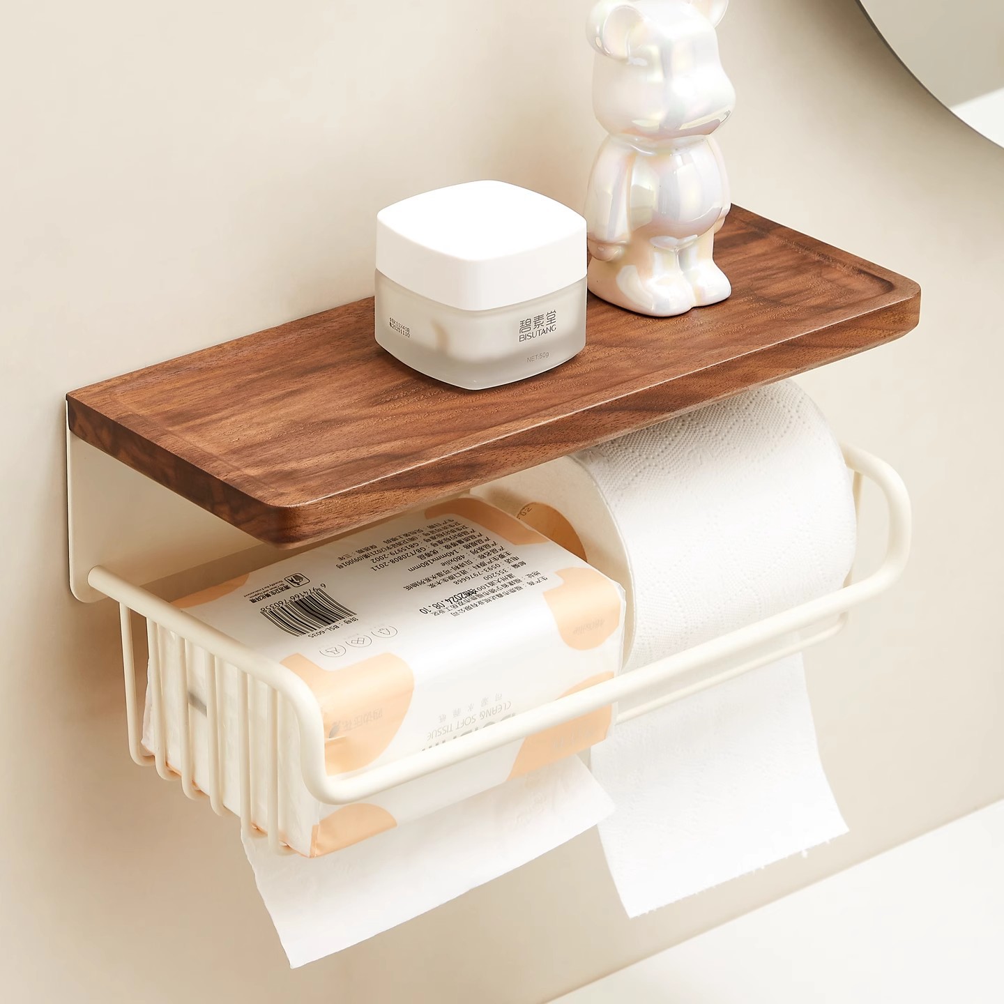 木製棚付き壁掛けトイレットペーパーホルダーカバー