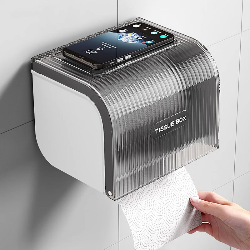 トイレットペーパーホルダー 縦縞模様の透明蓋付き壁掛けトイレットペーパーホルダーカバー