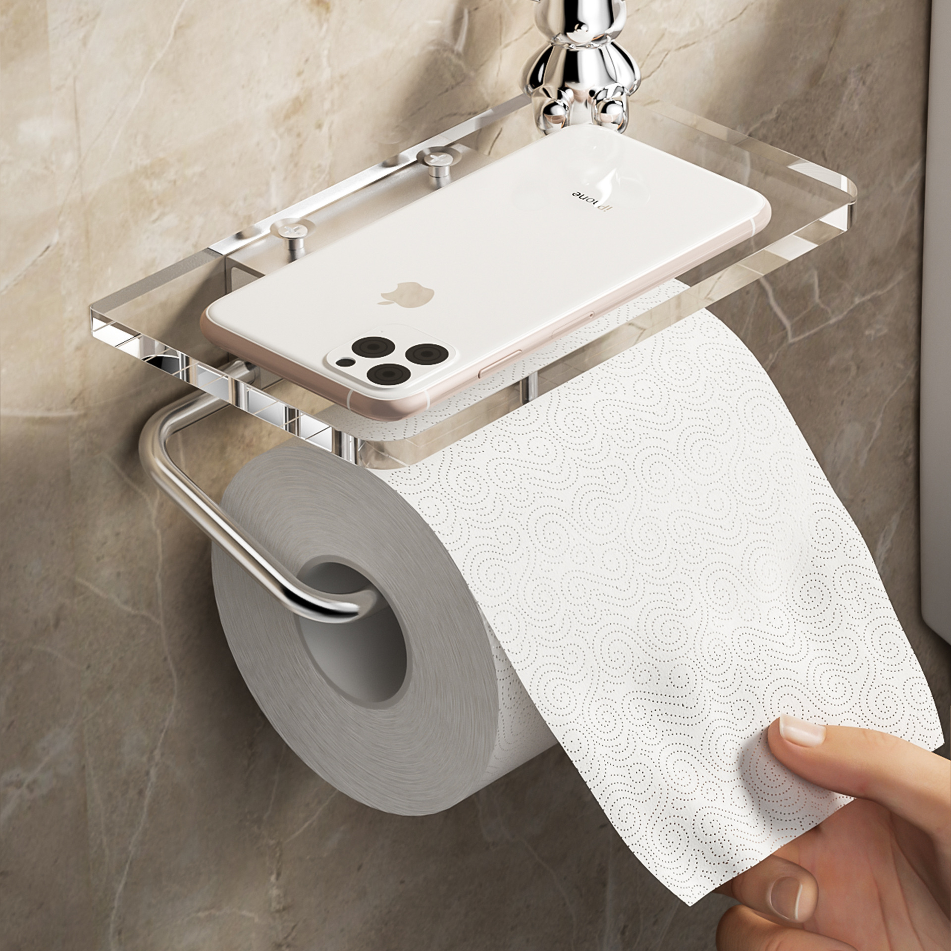 トイレットペーパーホルダー 透明棚板付き壁掛け式　棚