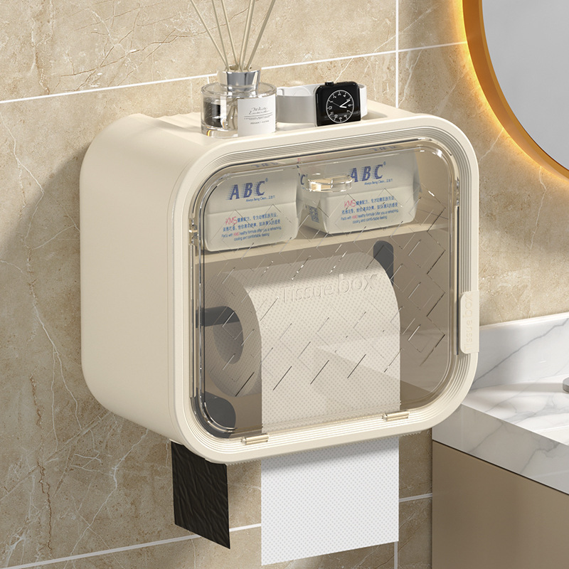 壁掛け式収納棚付き透明扉トイレットペーパーホルダー