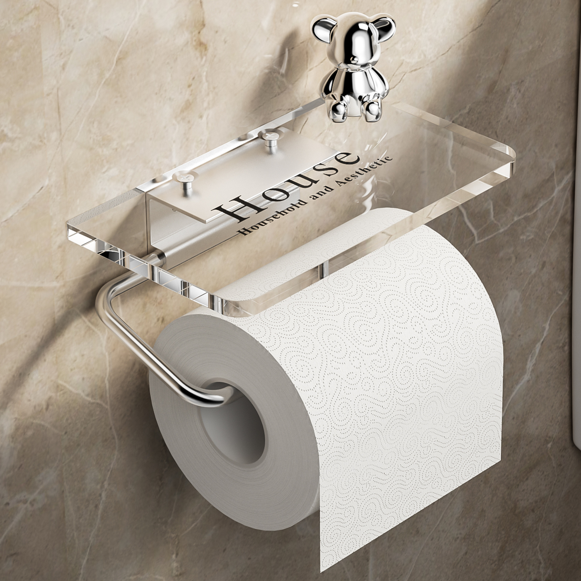 トイレットペーパーホルダー 透明棚板付き壁掛け式　棚